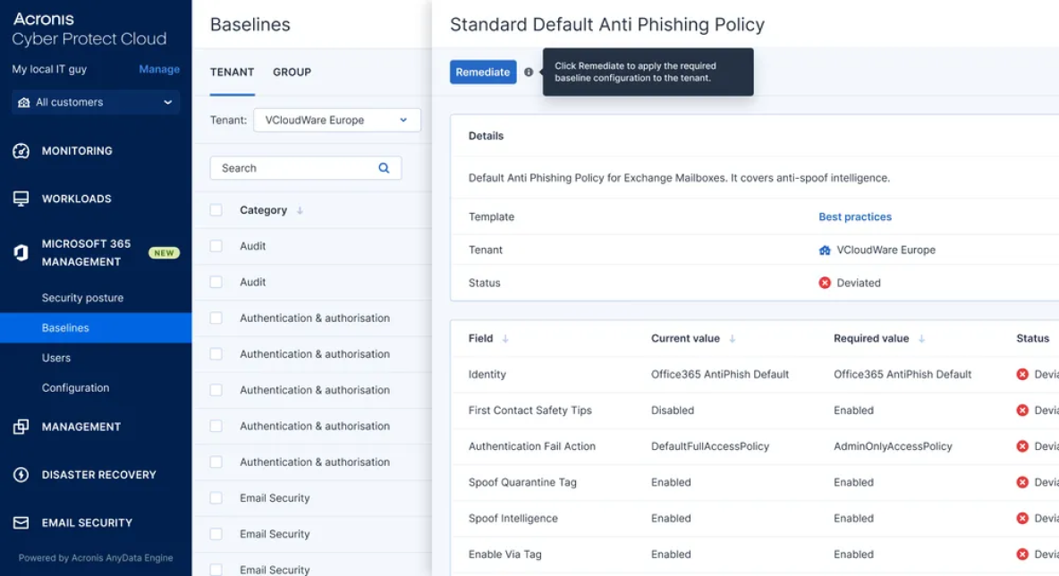 Detalhes de linha de base e aplicação de configurações de linha de base
