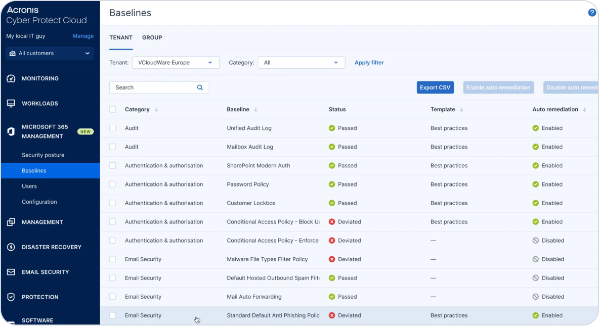 Gerenciamento de linha de base em nível de cliente
